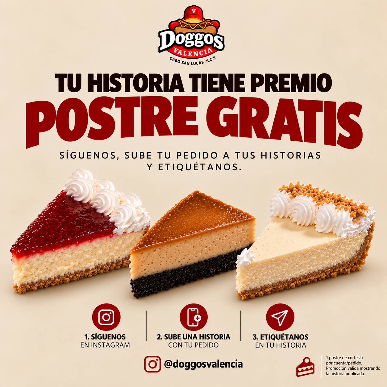 Promoción de postre gratis de Doggos Valencia por seguir, subir una historia y etiquetar en Instagram